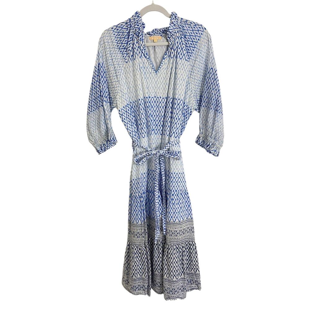 AZURE Tuckernuck Blue & White Block Print Midi Tie Waist Blouson Dress XL